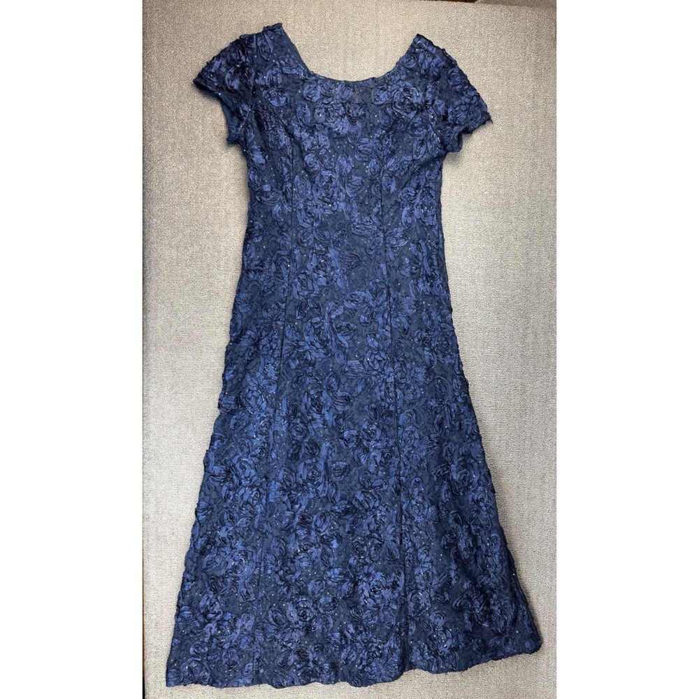 Alex Evenings Dress 16 Navy Blue Rosette Lace Sequin Formal Gown
